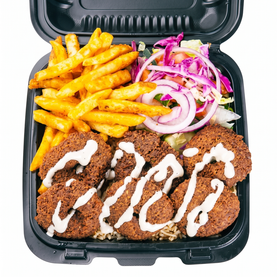Open takeout container filled with sauced falafel, golden fries, rice, and cabbage salad with onions.