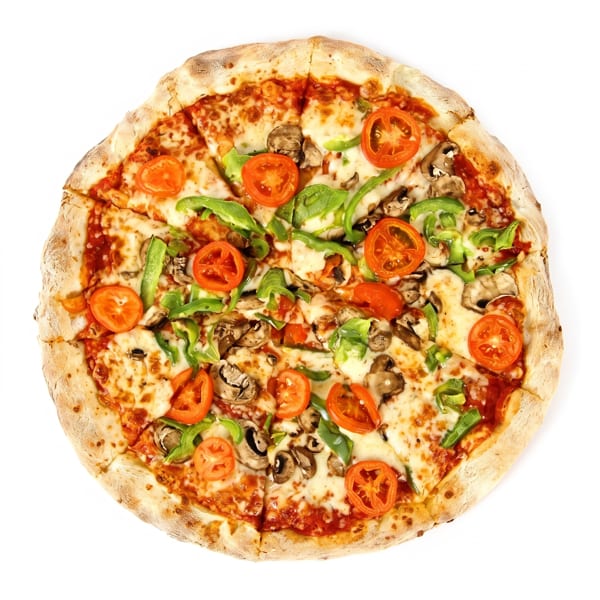 Vegetable pizza topped with melted cheese, tomato slices, green peppers, and mushrooms on a golden crust.