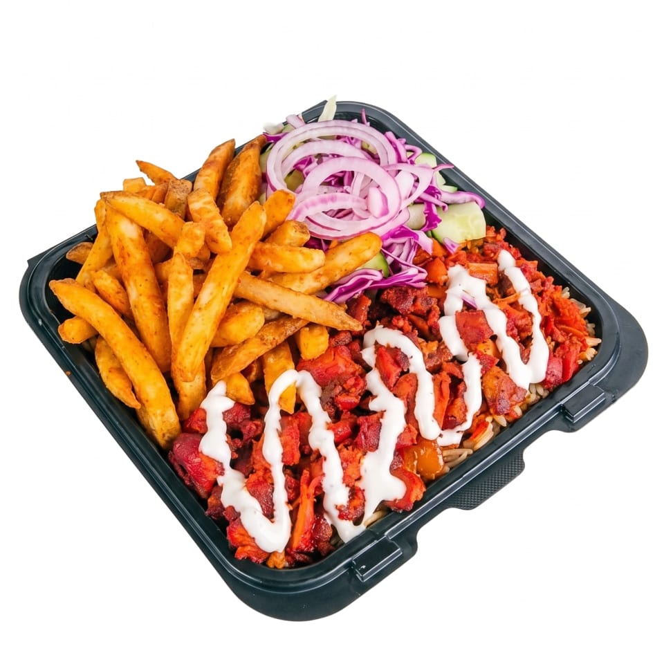 Loaded takeout tray of seasoned fries, spiced meat, white sauce, pickled red onions, cabbage, and vegetables.