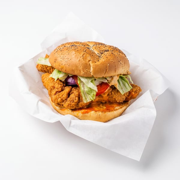 Crispy fried chicken sandwich on a sesame-seed bun with lettuce, tomato, red onion, and sauce, wrapped in white paper.