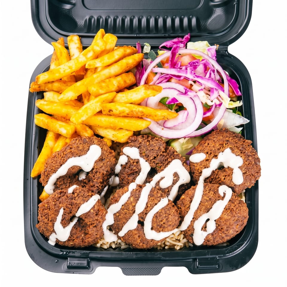 Open takeout container filled with sauced falafel, fries, rice, and colorful cabbage-onion salad.